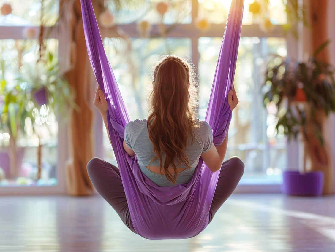 Foto centrada en una dona una hamaca lila practicant aeroioga