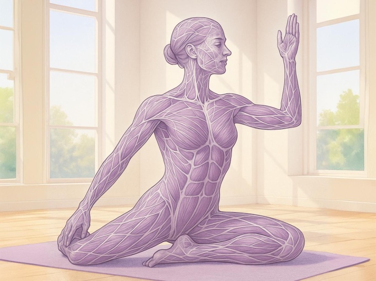 Il·lustració d0una postura de ioga que mostra el sistema fascial en tons de malva, representant la xarxa connectiva del cos en la pràctica del ioga.