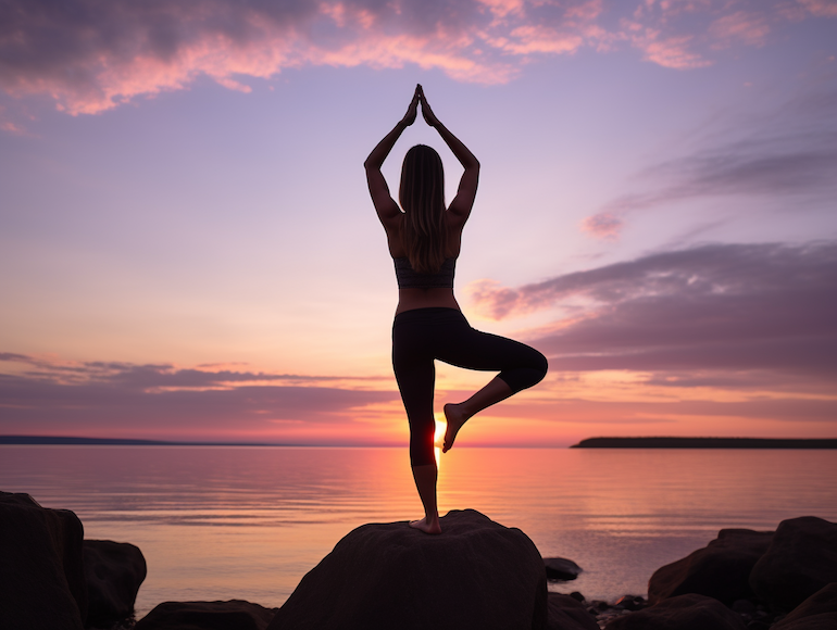 Silueta en la posició de l'arbre de ioga