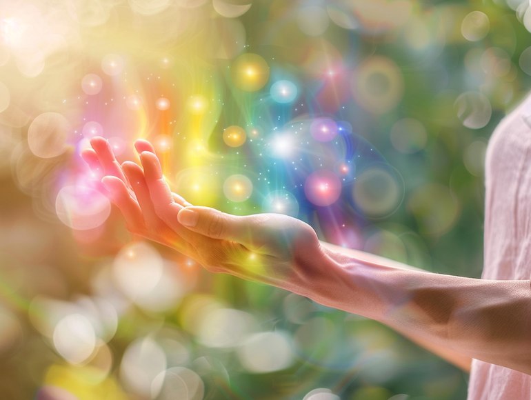 Ilustración de manos simbolizando la energía kundalini con los chakras