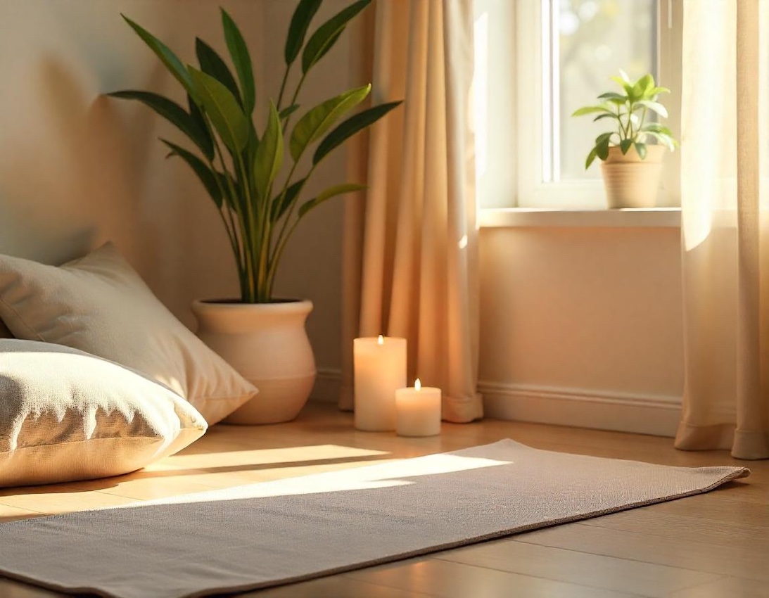 Espai interior de ioga amb esterilla, plantes i llum natural, preparat per la pràctica diària