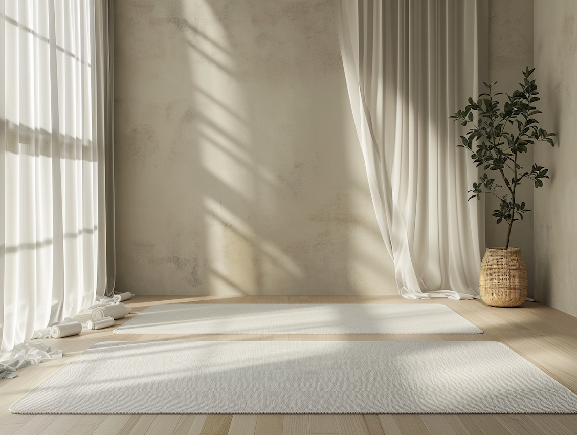 Estudio de yoga personalizado con tonos blancos
