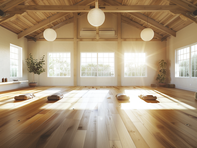 Estudio de yoga con suelo de madera natural