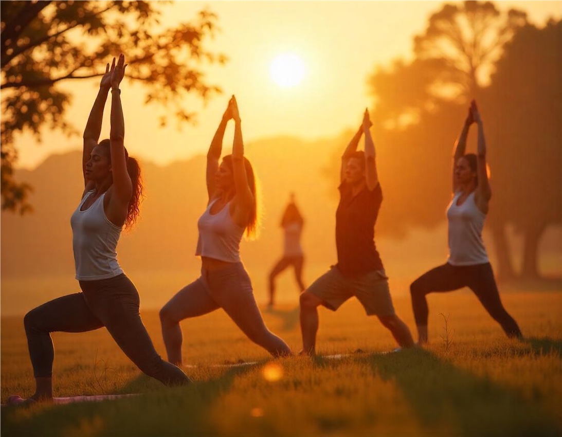 Grup divers practicant ioga a l'aire lliure a l'alba, destacant les tendències de ioga el 2025 i la connexió amb la natura.