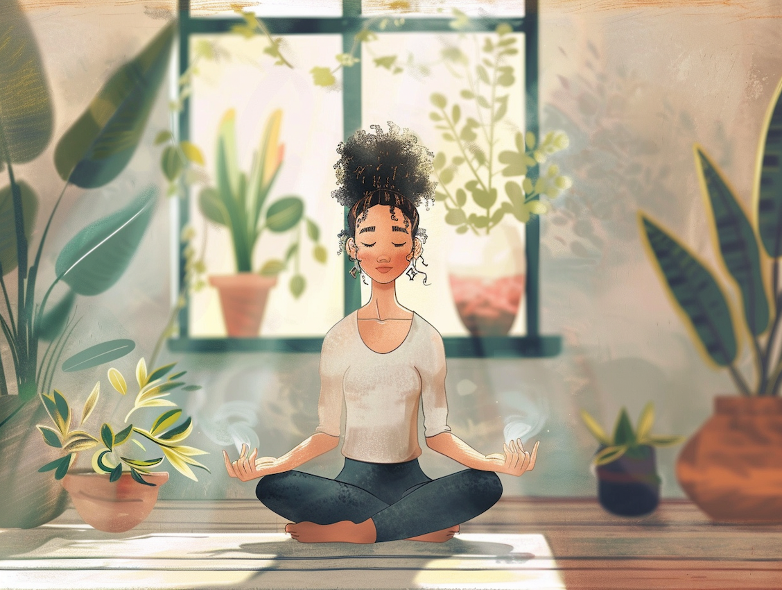 Il·lustració d'una dona en posició de lotus fent pranayama