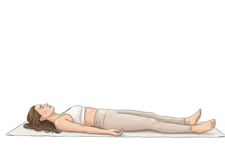 Il·lustració d'una dona en una estora de ioga fent savasana