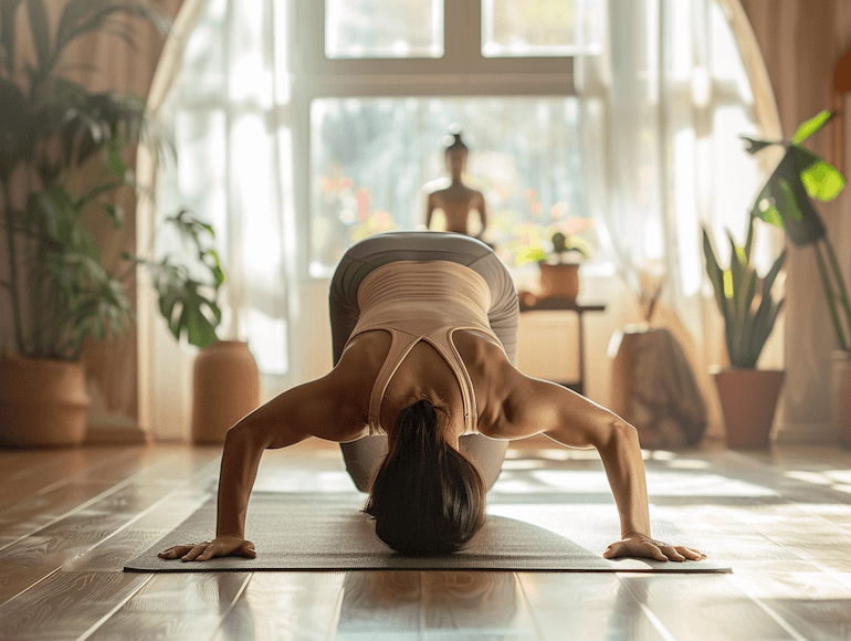 Practicant de Power Ioga en posició invertida a casa, envoltada de plantes, treballant la força i l'equilibri.
