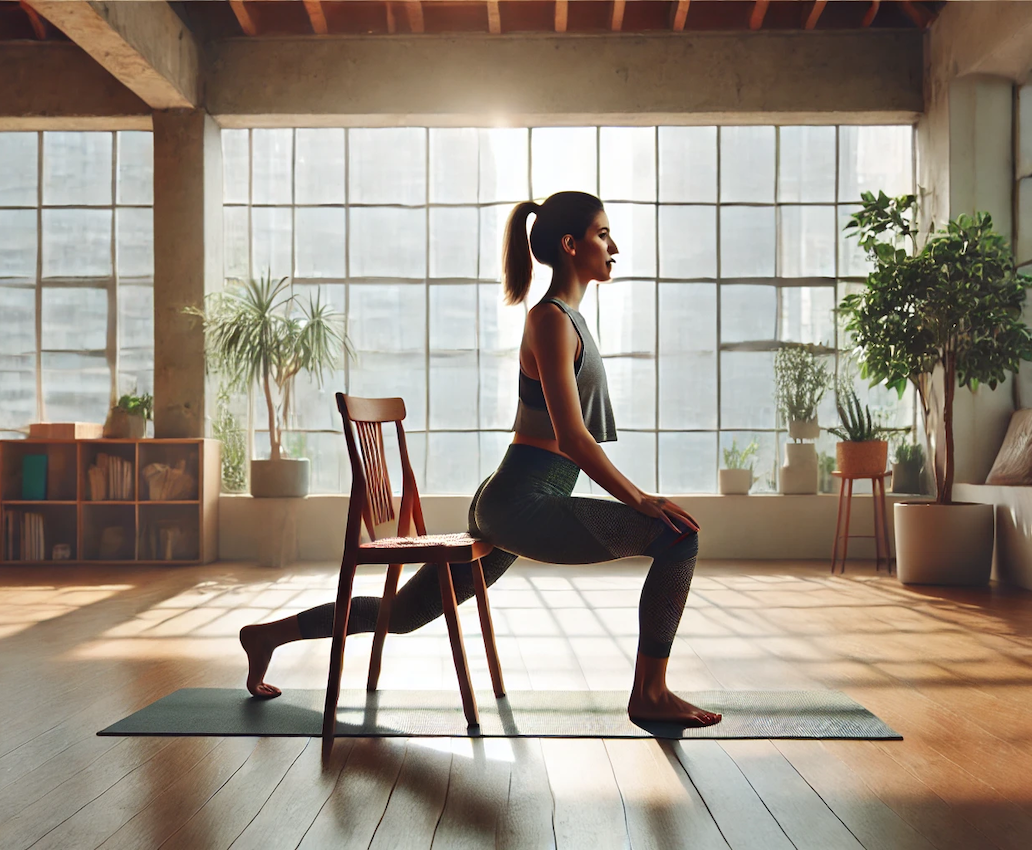 Dona practicant ioga iyengar amb una cadira per millorar la postura