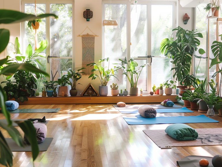 Estudi de ioga amb accessoris a punt per a la pràctica de Ioga Iyengar