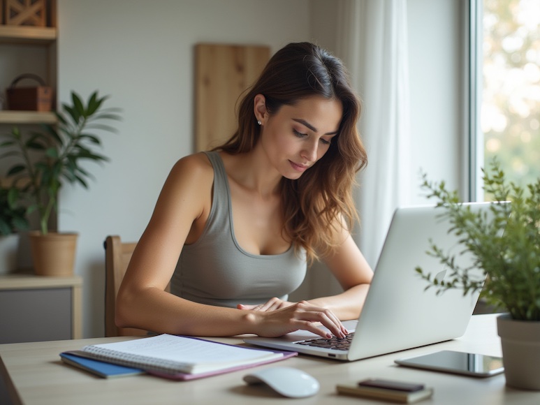Dona treballant des de casa davant de l'ordinador — estrès i tensió al coll i les espatlles.