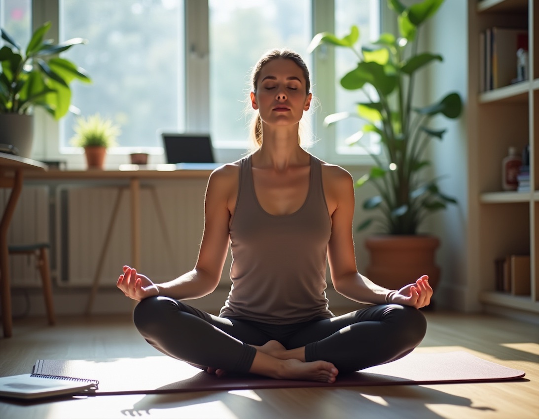 Dona professional fent ioga a la seva oficina a casa, asseguda en una estora amb els ulls tancats i respirant profundament. Portàtil i quadern a l’escriptori, amb llum natural i plantes.