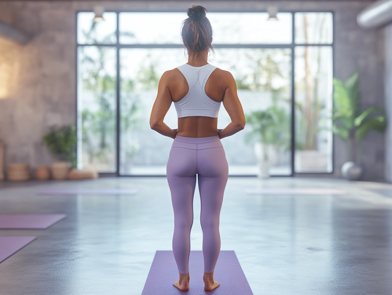 Dona en un estudi de ioga, de peu sobre una estora porpra pastel, promovent un inici tranquil i acollidor al ioga per a principiants