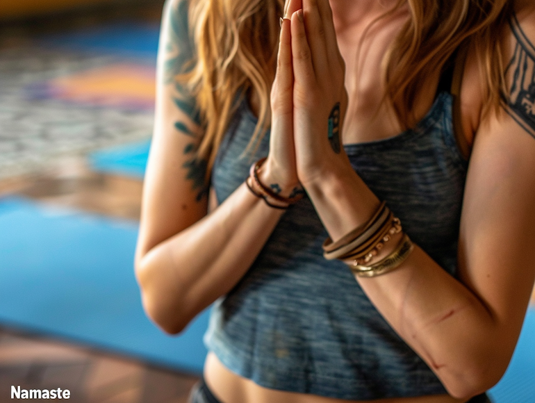 Dona centrada en les mans en namaste