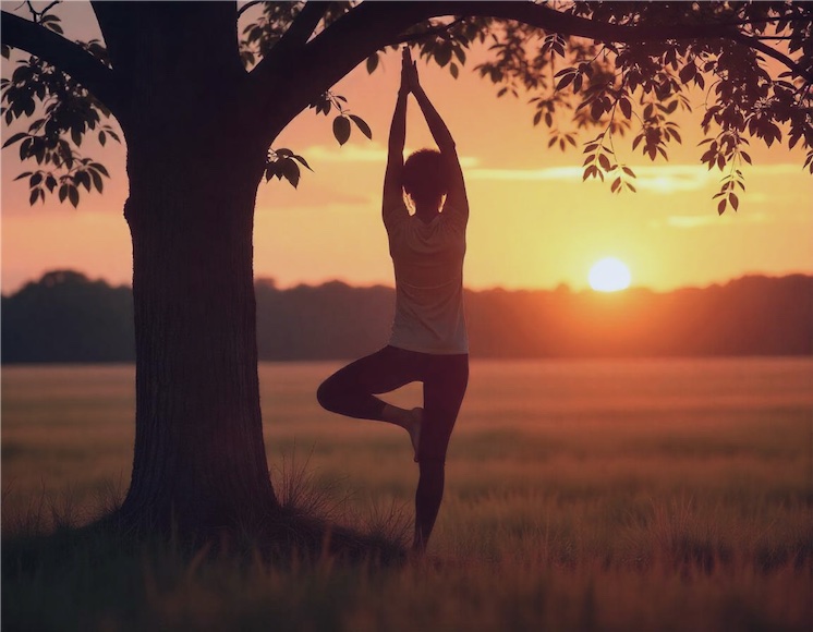Dona practicant ioga a l'alba en la posició de l'arbre, amb un fons natural i càlid