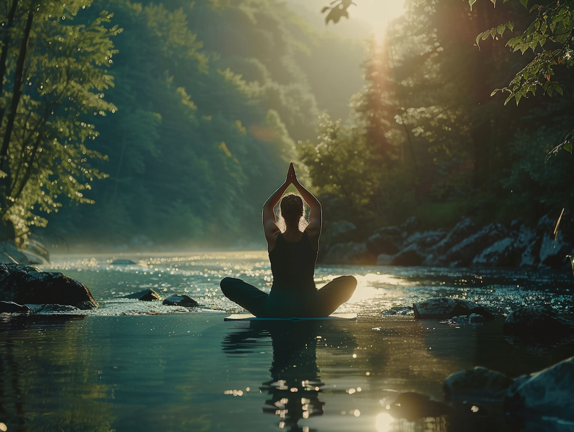 Mujer sentada en el loto cerca de un río practicando yoga