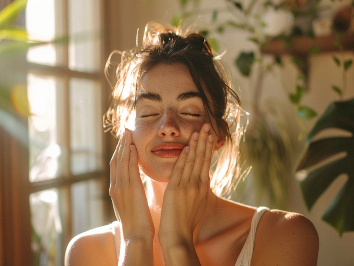 Dona fent la seva rutina de ioga facial matinal