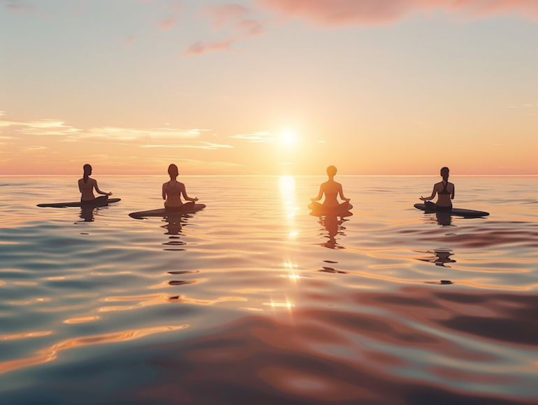 Un grup practicant supioga en un mar tranquil a l'alba