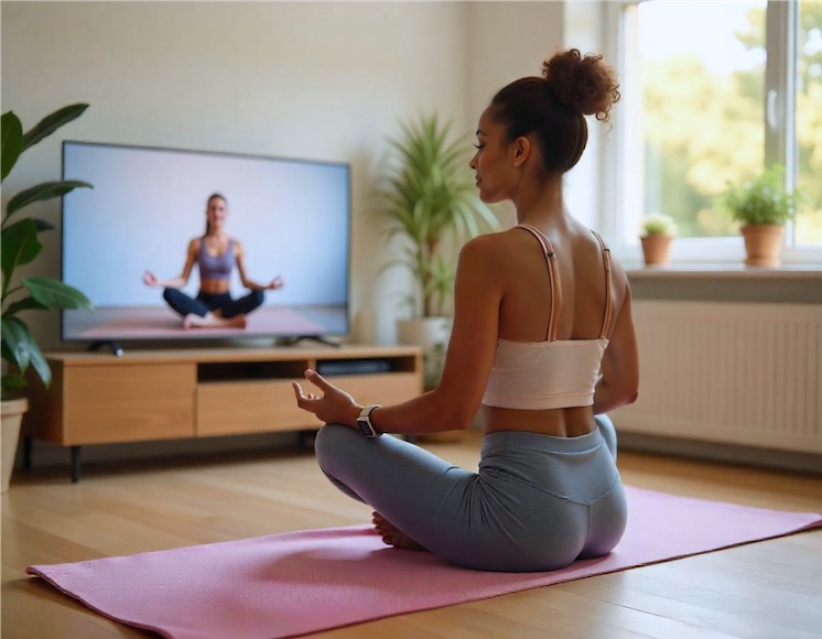 Muntatge amb elements de tendències de ioga el 2025: una dona amb un smartwatch fent ioga a casa i amb la seva classe a la pantalla del televisor.