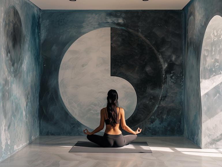 Paret amb ying i yang per il·lustrar la pràctica del yin ioga