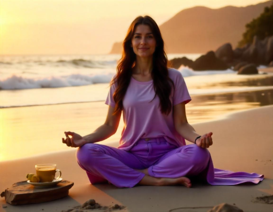 Dona practicant ioga a casa al matí com a part de la seva rutina de benestar i hàbits saludables.