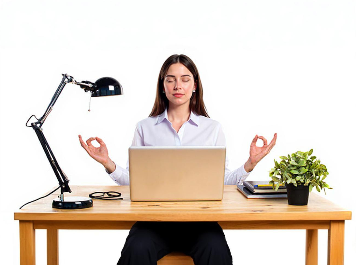 Dona asseguda a l'escriptori practicant ioga i respiració conscient per reduir l'ansietat i l'estrès laboral a la feina.