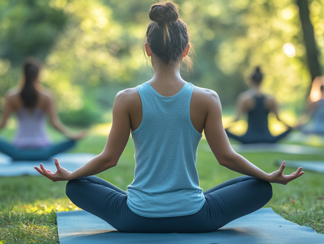 Dona principiant en ioga practicant a l'aire lliure en grup