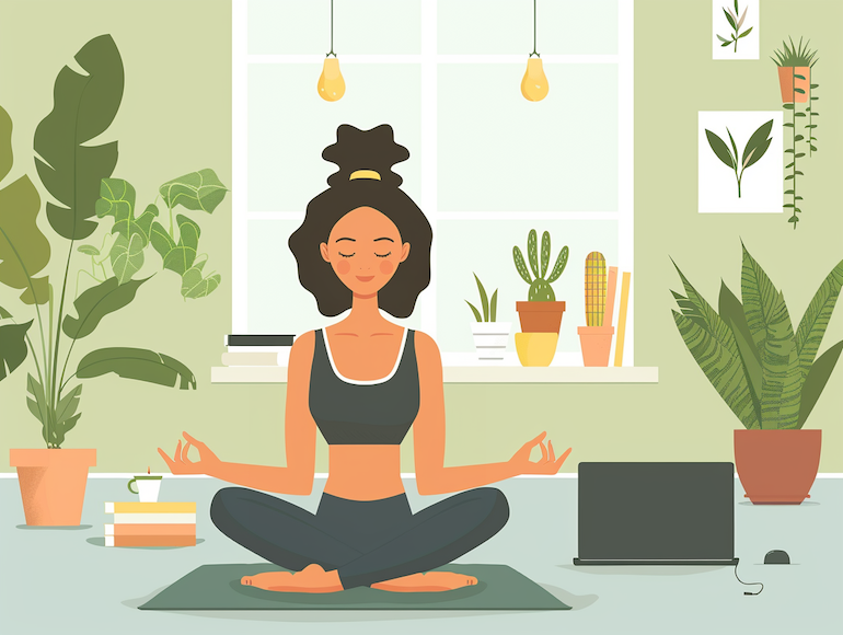 Il·lustració d'una dona practicant ioga en línia a casa