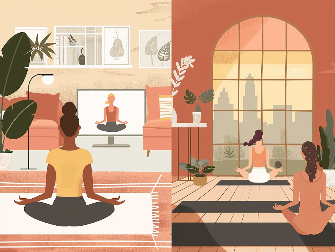 Il·lustració de ioga online i presencial